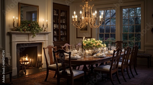 Design a composition that showcases the timeless beauty of a colonial-style dining room with antique furniture and candlelit ambiance