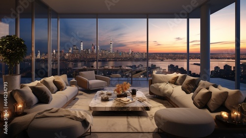 "Design a composition that captures the sophistication of a penthouse apartment with floor-to-ceiling windows and panoramic city views © Muhammad