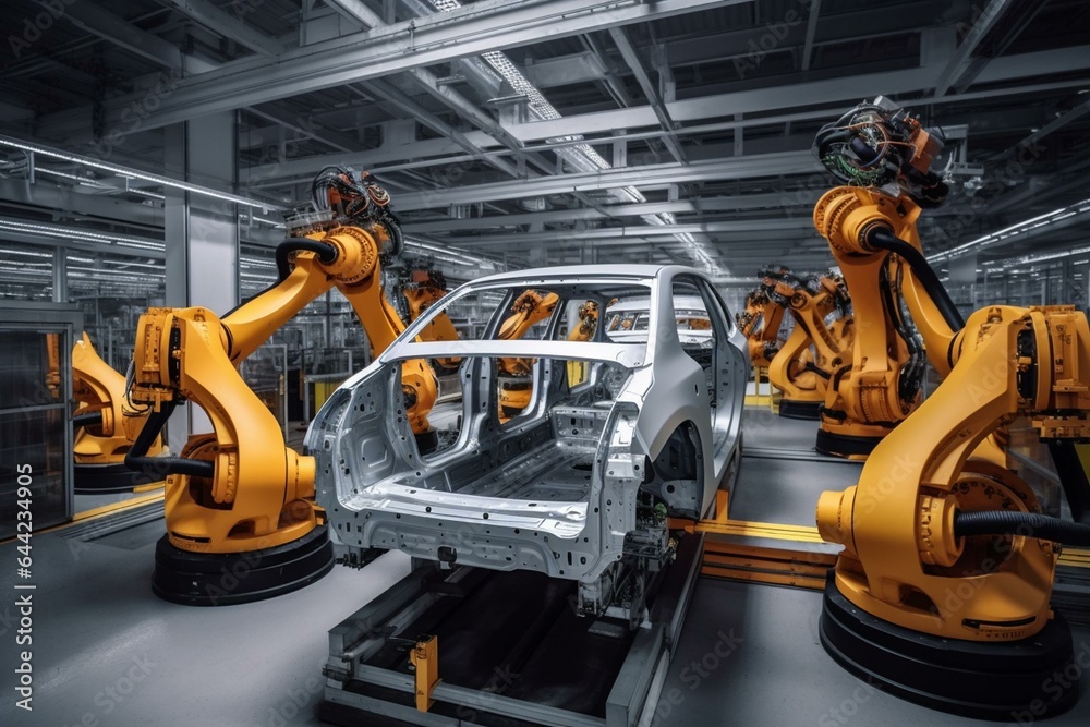 High-tech automated car factory using robot arm assembly line to manufacture electric vehicles with efficient digitalization. Generative AI