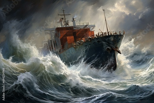 Stormy day at sea with cargo ship battling waves. Generative AI