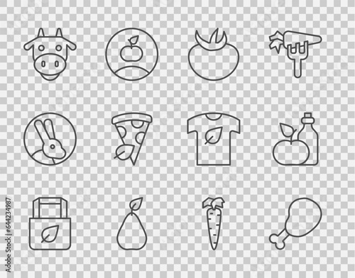 Set line Shopping bag with recycle, Chicken leg, Tomato, Pear, Cow head, Vegan pizza slice, Carrot and Apple cider vinegar bottle icon. Vector