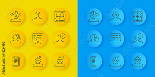 Set line Psychological test, Finding problem in psychology, Encephalogram, Concussion, headache, Sad and depressed man, bad mood, Hypnosis, Solution and icon. Vector