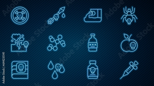 Set line Syringe, Poison apple, Wastewater, Chemical formula, Poisonous cloud of gas smoke, Bones and skull, Poisoned alcohol and the arrow icon. Vector