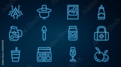 Set line Fruit, First aid kit, Photo frame, Spoon, Jug glass with water, Mosquito, Jam jar and Camping hat icon. Vector