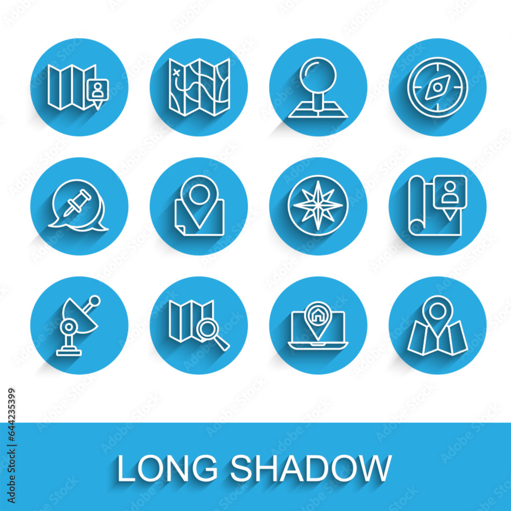 Set line Radar, Search location, Folded map with marker, City navigation, and Wind rose icon. Vector Set line Radar, Search location, Folded map with marker, City navigation, and Wind rose icon. Vector