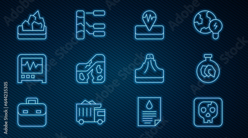 Set line Archeology, Exhibition with minerals, rocks, Earthquake, Geological fault, Seismograph, Ore mining, Volcano and Soil analysis icon. Vector