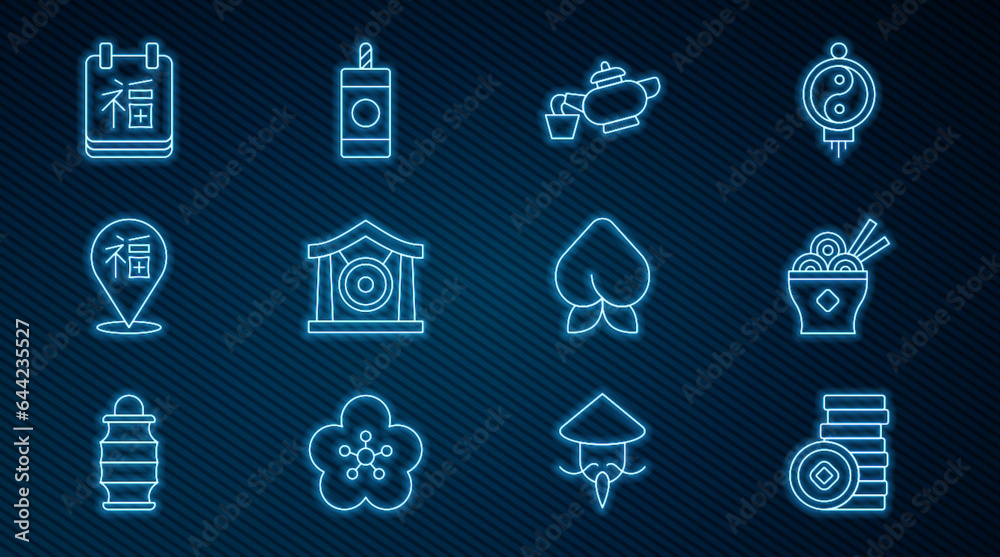 Set line Chinese Yuan currency, Asian noodles bowl, tea ceremony, Gong musical instrument, New Year, Peach fruit or nectarine and Firework icon. Vector