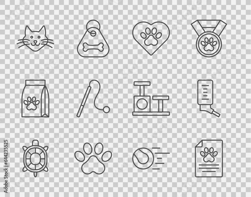 Set line Turtle, Medical clinical record pet, Heart with animals footprint, Paw, Cat, Pet cat toy, toys ball and Drinker for small pets icon. Vector