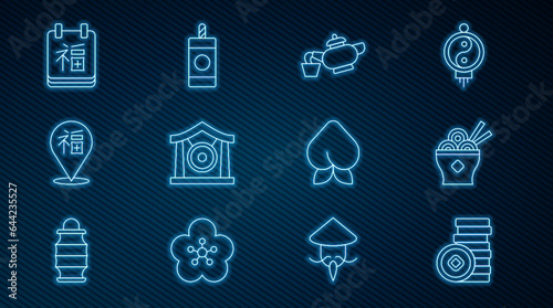Set line Chinese Yuan currency, Asian noodles bowl, tea ceremony, Gong musical instrument, New Year, Peach fruit or nectarine and Firework icon. Vector