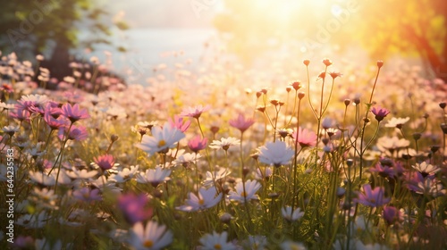 Design a composition that captures the essence of a wildflower meadow at dawn, with dew-kissed blossoms and the first rays of sunlight