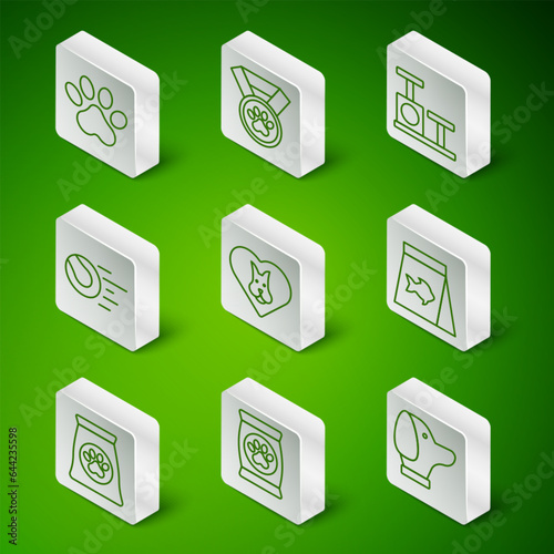 Set line Dog, Bag of food for pet, Paw print, Heart with dog, Pet toys ball, award symbol, and Food fish icon. Vector