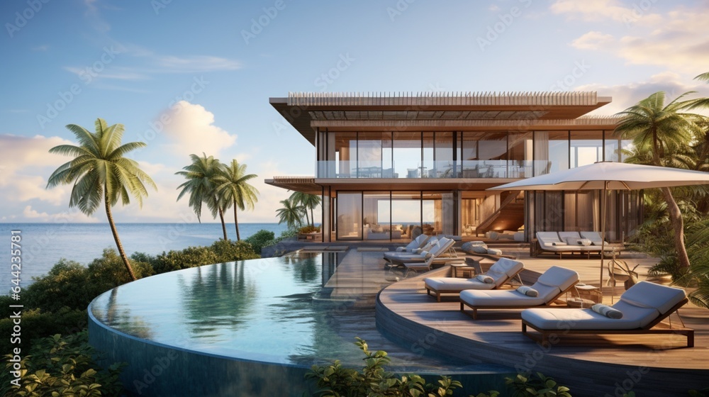 Design a contemporary beachfront resort with infinity pools and a breathtaking view of the ocean - obrazy, fototapety, plakaty 
