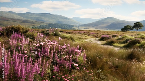 Design a composition that captures the allure of a wildflower meadow in the Scottish Highlands, with heather and thistles in bloom