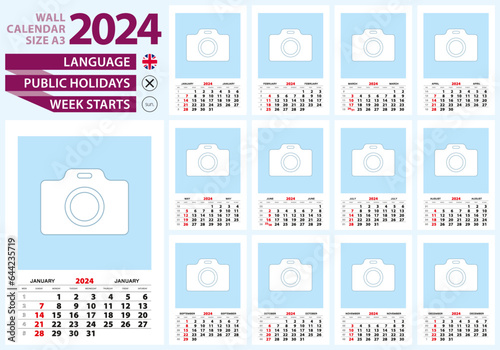 Wall calendar 2024 size A3, English language. Week start from Sunday.