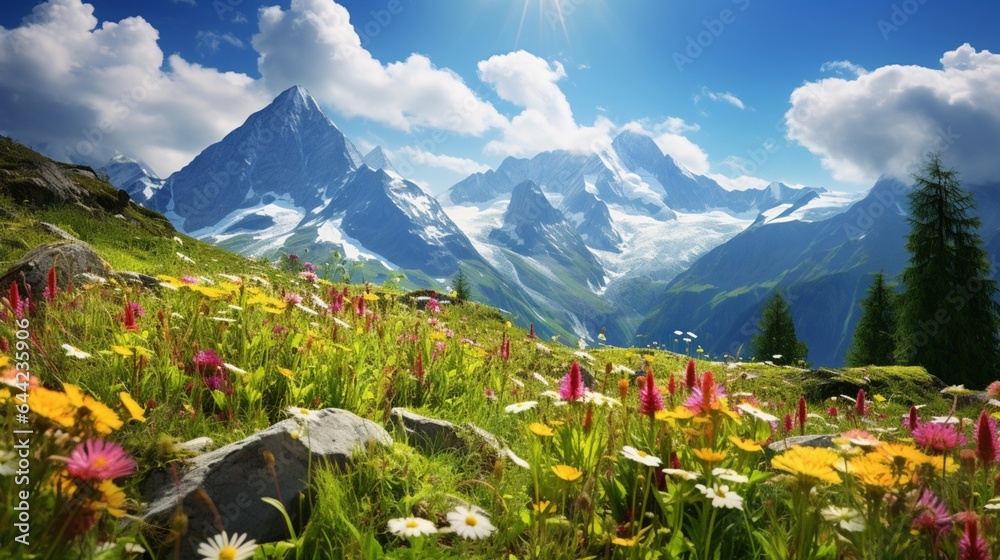 Design a high-resolution image of a mountain meadow in the Alps, adorned with colorful alpine wildflowers in full bloom