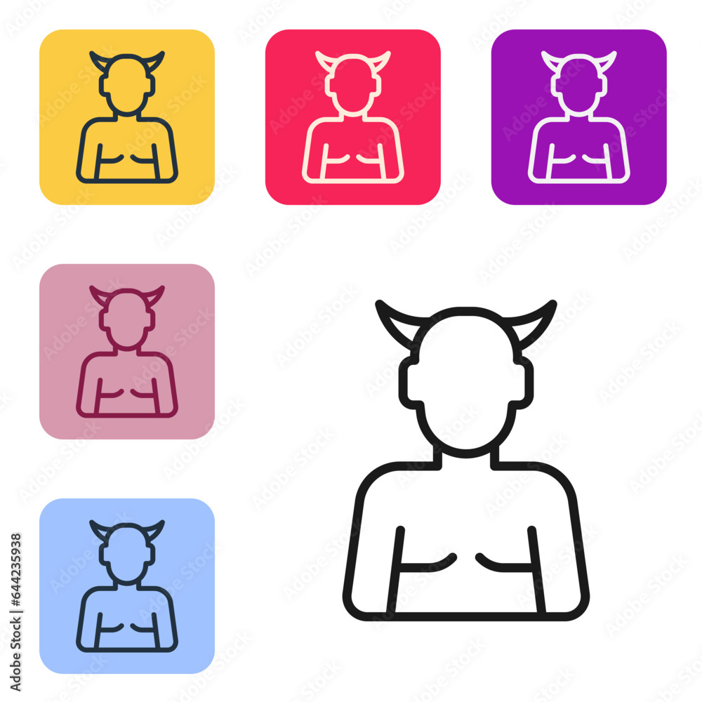 Black line Krampus, heck icon isolated on white background. Horned devil. Traditional Christmas devil. Happy Halloween party. Set icons in color square buttons. Vector Black line Krampus, heck icon isolated on white background. Horned devil. Traditional Christmas devil. Happy Halloween party. Set icons in color square buttons. Vector