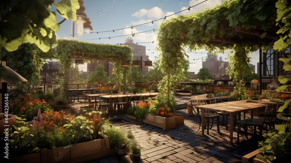 Design a high-resolution image of a restaurant's rooftop garden, with fresh herbs, vegetables, and a sustainable approach to dining