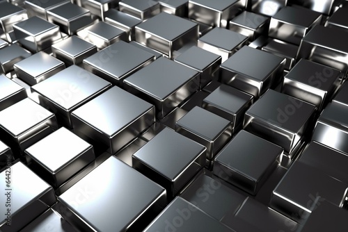 Polished silver tile wallpaper with luxurious 3D blocks on a square background. 3D rendered image. Generative AI