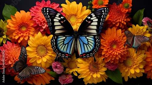 Design a high-resolution image of a butterfly perched on a cluster of vibrant zinnias, forming a harmonious natural tableau