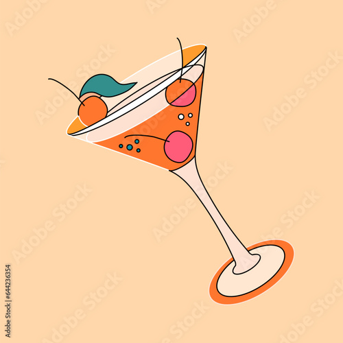 Colourful sticker with cocktail glass isolated on light background. Party sticker design in vintage style. Vector illustration.