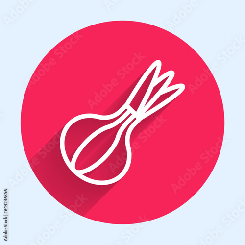 White line Onion icon isolated with long shadow background. Red circle button. Vector