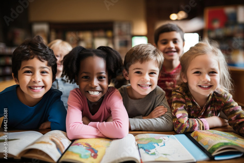Happy diverse kids in the classroom of an elementary school, diversity photo