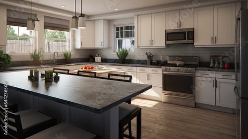 Design a realistic scene showcasing a spacious kitchen with granite countertops  stainless steel appliances