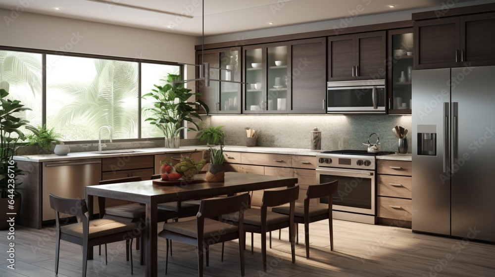 Design a realistic scene showcasing a spacious kitchen with granite countertops, stainless steel appliances