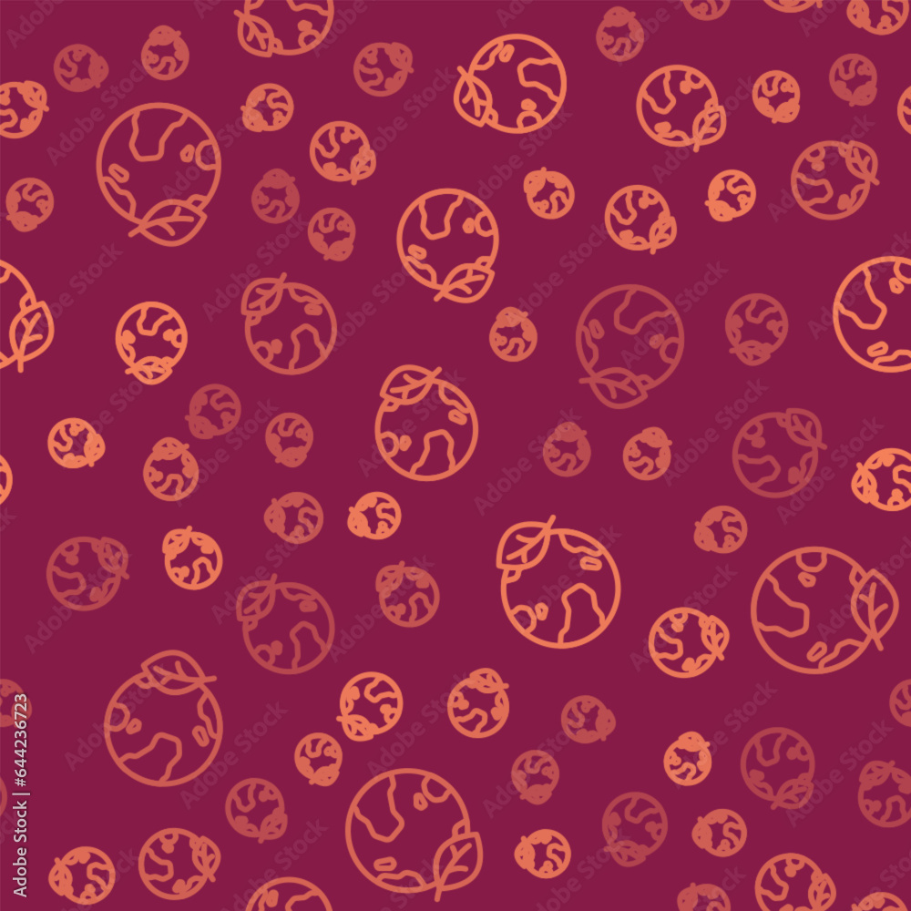 Brown line Earth globe and leaf icon isolated seamless pattern on red background. World or Earth sign. Geometric shapes. Environmental concept. Vector Brown line Earth globe and leaf icon isolated seamless pattern on red background. World or Earth sign. Geometric shapes. Environmental concept. Vector