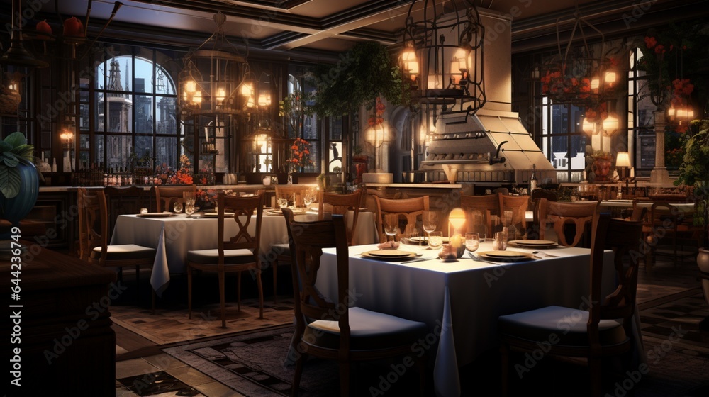 Design a realistic scene of an upscale restaurant dining area with linen-covered tables, fine china, and diners enjoying a gourmet meal
