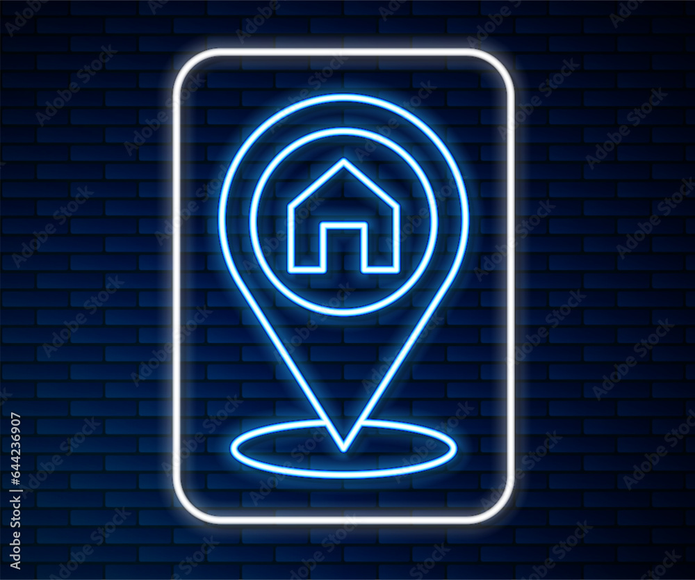 Glowing neon line Map pointer with house icon isolated on brick wall background. Home location marker symbol. Vector Glowing neon line Map pointer with house icon isolated on brick wall background. Home location marker symbol. Vector