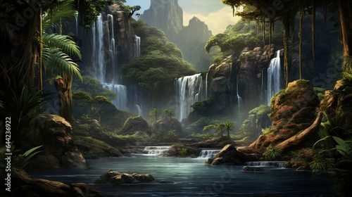 Design an aesthetically pleasing landscape of a cascading waterfall in a lush tropical jungle