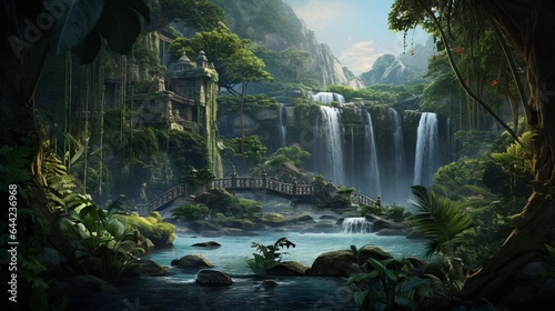 Design an aesthetically pleasing landscape of a cascading waterfall in a lush tropical jungle