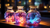 Neon, contrast flasks on the table in laboratory. luminophore