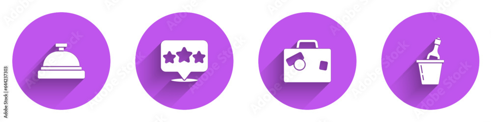 Set Hotel service bell, Five stars rating review, Suitcase and Champagne an bucket icon with long shadow. Vector Set Hotel service bell, Five stars rating review, Suitcase and Champagne an bucket icon with long shadow. Vector