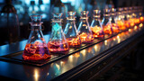 Neon, contrast flasks on the table in laboratory. luminophore