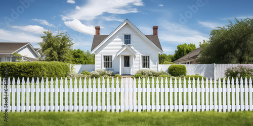 Classic white picket fence surrounds a cute country cottage. Sunny day, cozy countryside, classic exterior. 
