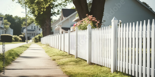 Classic white picket fence surrounds a cute country cottage. Sunny day, cozy countryside, classic exterior.  photo