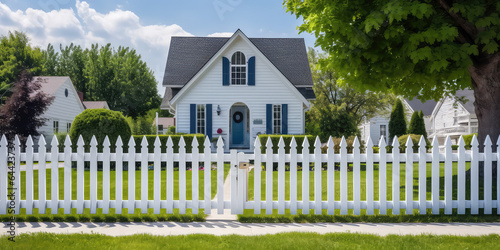 Fotografija Classic white picket fence surrounds a cute country cottage