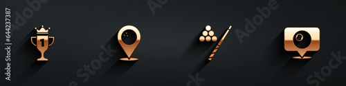 Set Award cup, Location with bowling ball, Billiard cue and and billiard icon with long shadow. Vector