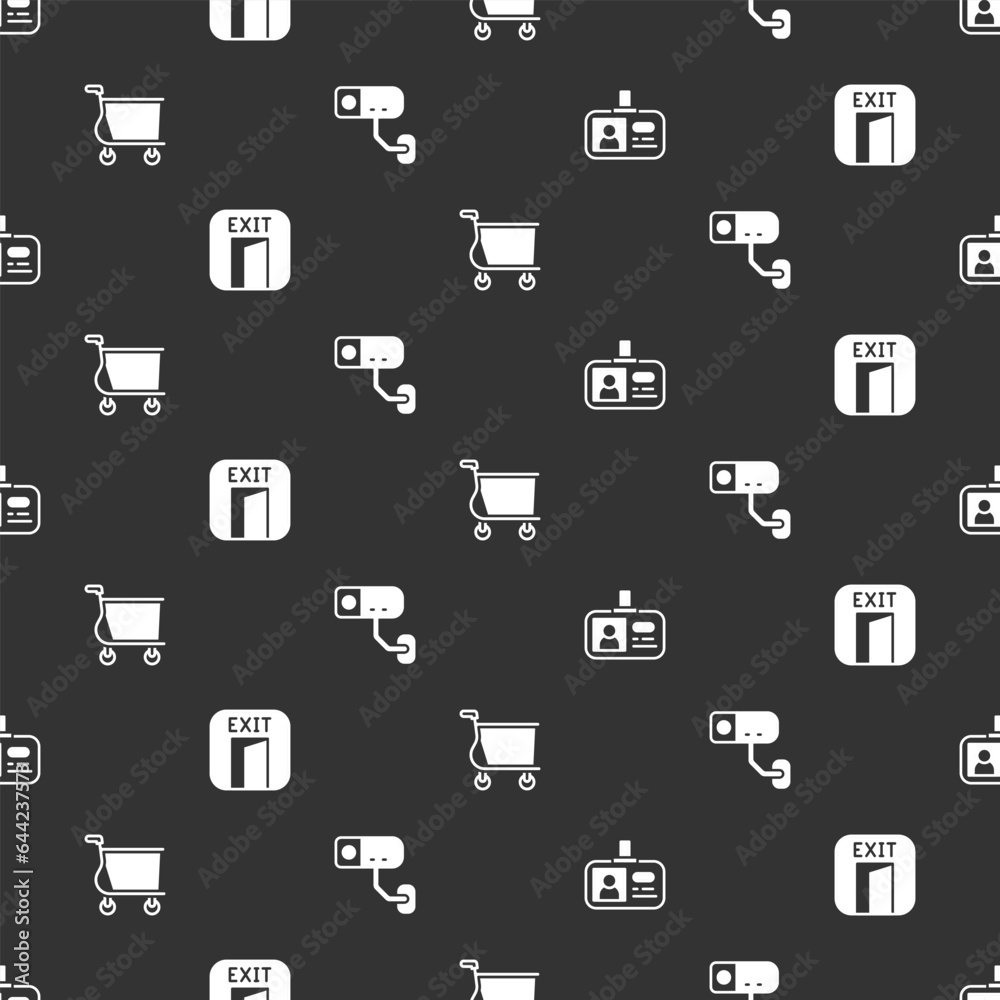 Set Identification badge, Fire exit, Shopping cart and Security camera on seamless pattern. Vector Set Identification badge, Fire exit, Shopping cart and Security camera on seamless pattern. Vector