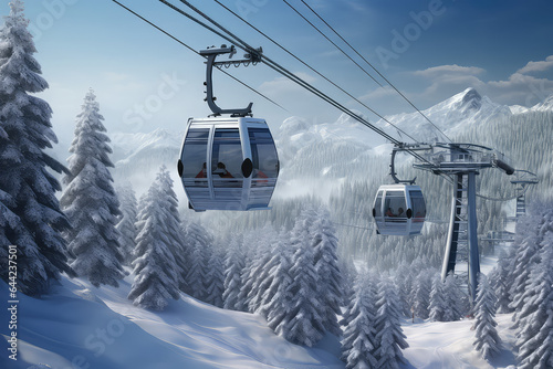 New modern cabin ski lift gondola against snowcapped forest tree and mountain peaks in luxury winter resort. Winter leisure sports, recreation and travel. © dinastya