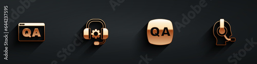 Set Question and Answer, Headphones, and Man with headset icon with long shadow. Vector