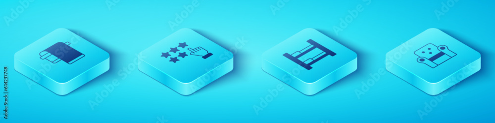 Set Isometric Towel on hanger, Stars rating, Armchair and Hotel room bed icon. Vector