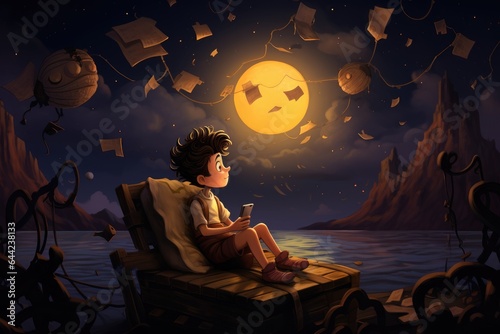 Cartoon boy in an interesting night dream 