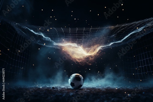 Soccer ball scores in illuminated net on field. Generative AI © Aphrodite