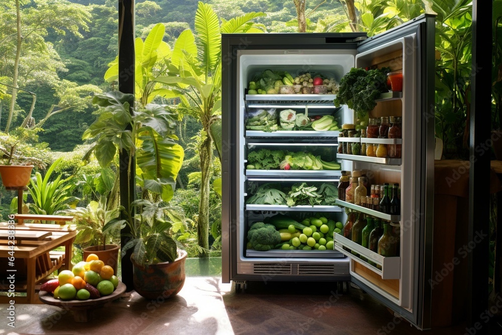 Fridge for fresh produce outdoors at home. Generative AI