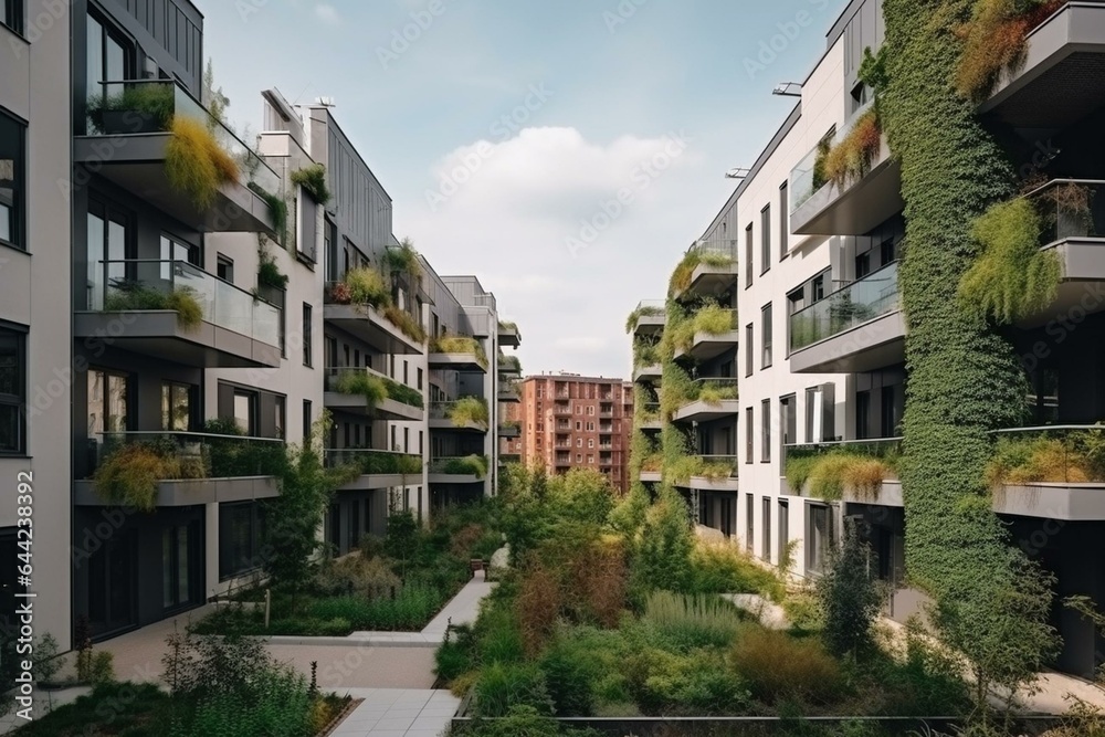 Modern urban landscape in a residential area with sustainable apartment buildings and new green cityscape. Generative AI