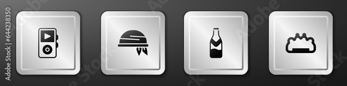 Set Music player, Bandana, Beer bottle and Brass knuckles icon. Silver square button. Vector