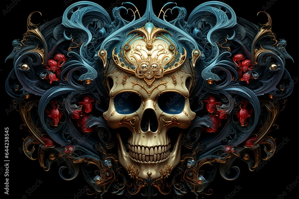 An elaborate skull design on a dark backdrop in a captivating digital artwork. Generative AI